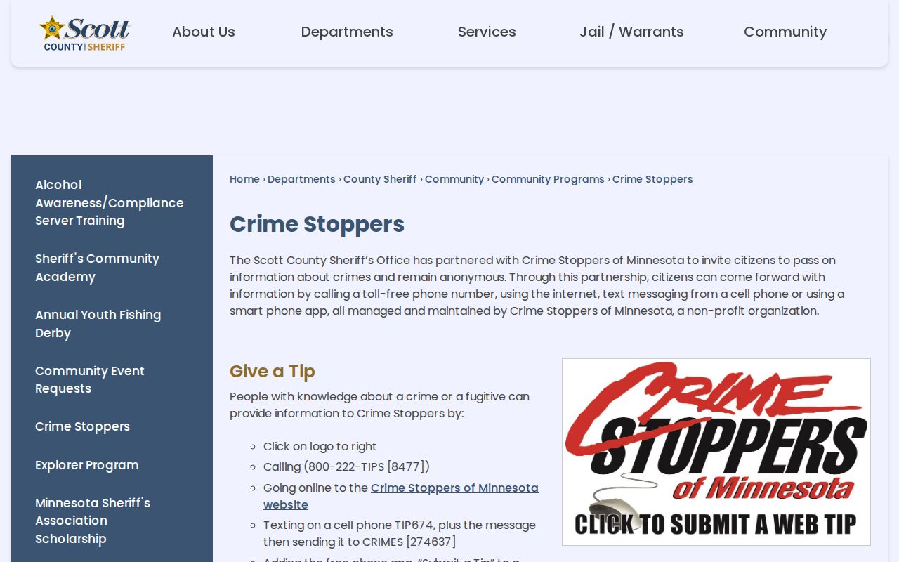 Scott County Crime Stoppers anonymous tip and warrant information