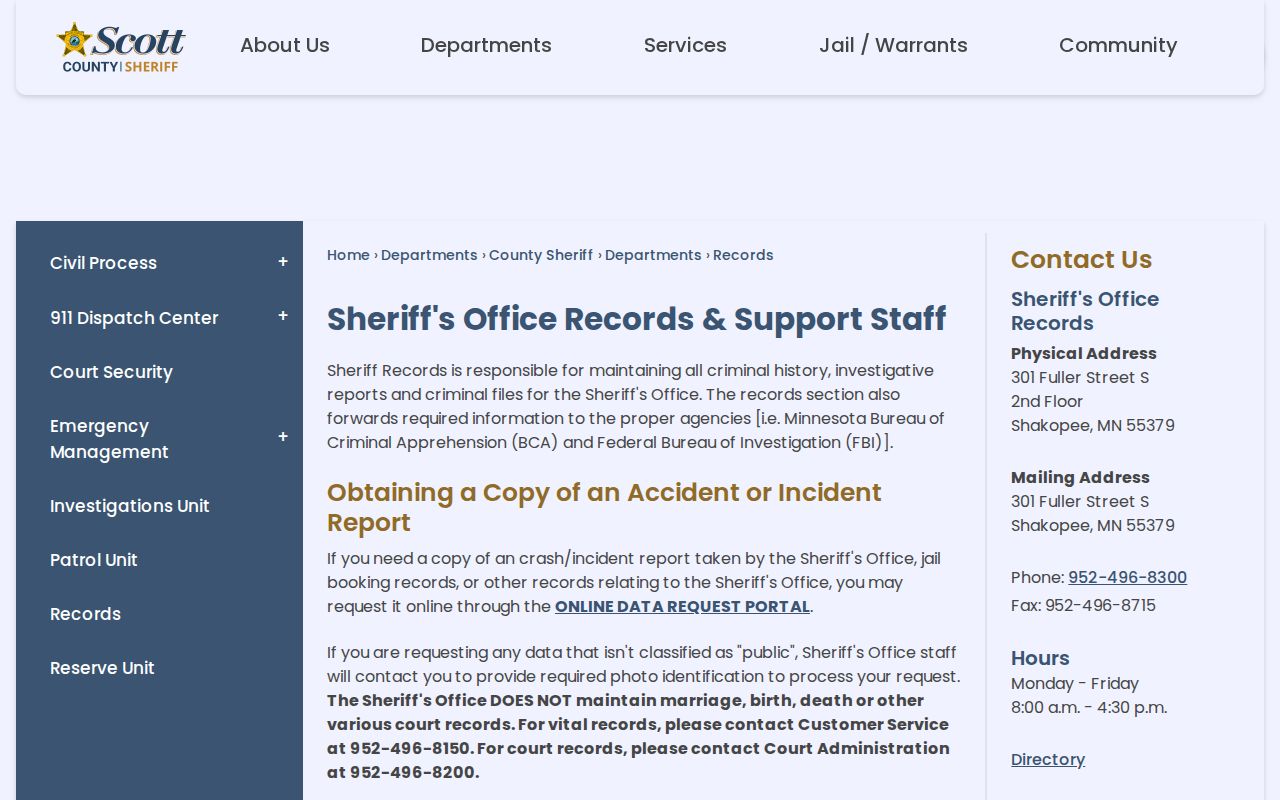 Scott County booking record request information at Sheriff Records