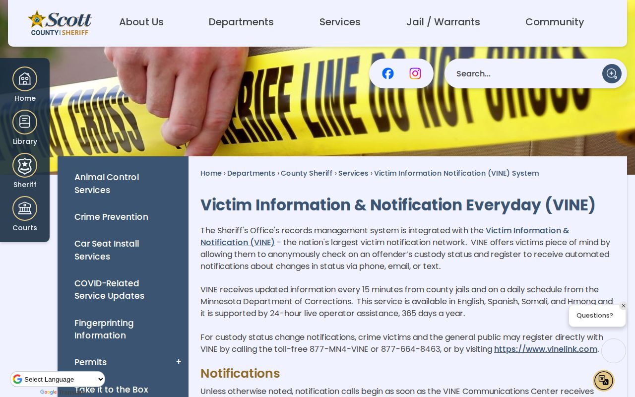 Scott County custody-status VINE notification information